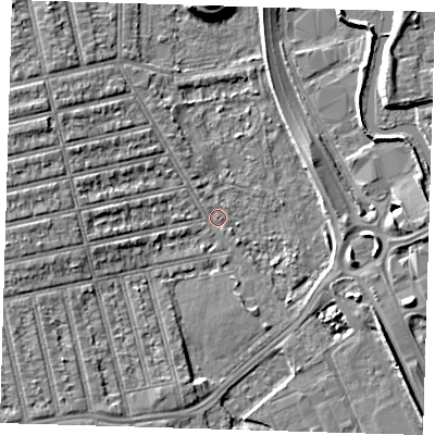 Shaded relief map of the ground around E62EQ, computed from Environment Agency LiDAR. The ground here sits at about 2 m above sea level and falls 8 m across the surrounding 800 m. Surface water reaching this point runs off ground lying to the west-north-west, 5.8 m higher.