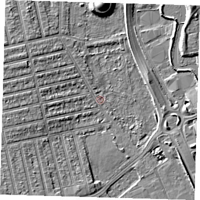 Shaded relief map of the ground around E62ES, computed from Environment Agency LiDAR. The ground here sits at about 2 m above sea level and falls 11 m across the surrounding 800 m. Surface water reaching this point runs off ground lying to the west-north-west, 5.8 m higher.