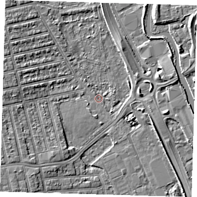 Shaded relief map of the ground around E62ET, computed from Environment Agency LiDAR. The ground here sits at about 2 m above sea level and falls 7 m across the surrounding 800 m. Surface water reaching this point runs off ground lying to the south-west, 4.9 m higher.