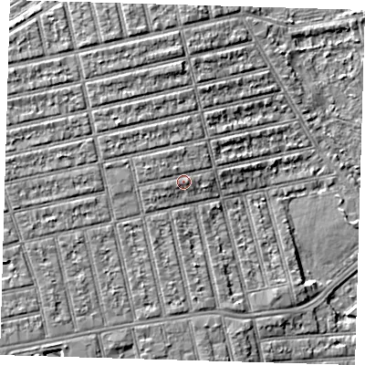 Shaded relief map of the ground around E62EW, computed from Environment Agency LiDAR. The ground here sits at about 6 m above sea level and falls 6 m across the surrounding 800 m. Surface water reaching this point runs off ground lying to the west-north-west, 1.2 m higher.