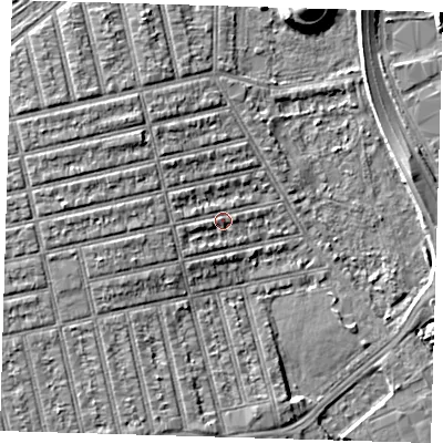 Shaded relief map of the ground around E62EX, computed from Environment Agency LiDAR. The ground here sits at about 4 m above sea level and falls 10 m across the surrounding 800 m. Surface water reaching this point runs off ground lying to the west, 3.8 m higher.