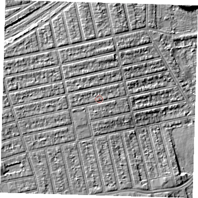 Shaded relief map of the ground around E62EZ, computed from Environment Agency LiDAR. The ground here sits at about 6 m above sea level and falls 7 m across the surrounding 800 m. Surface water reaching this point runs off ground lying to the west-north-west, 1.5 m higher.