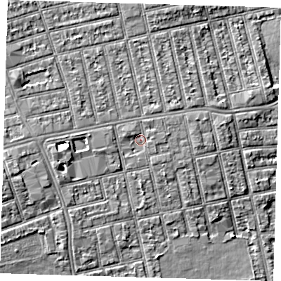 Shaded relief map of the ground around E62FA, computed from Environment Agency LiDAR. The ground here sits at about 5 m above sea level and falls 7 m across the surrounding 800 m. Surface water reaching this point runs off ground lying to the west-north-west, 1.6 m higher.