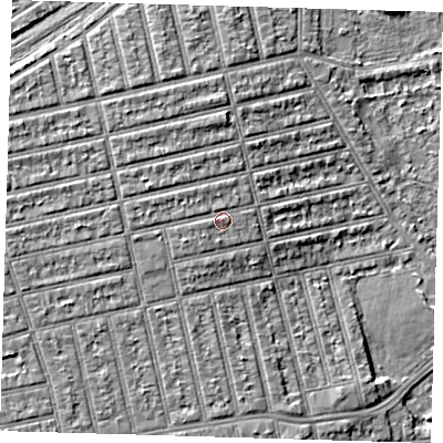 Shaded relief map of the ground around E62HA, computed from Environment Agency LiDAR. The ground here sits at about 6 m above sea level and falls 6 m across the surrounding 800 m. Surface water reaching this point runs off ground lying to the west-north-west, 1.8 m higher.