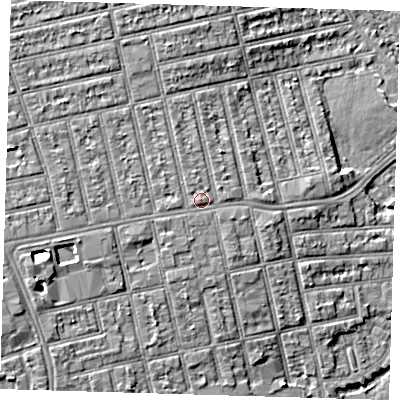 Shaded relief map of the ground around E62LN, computed from Environment Agency LiDAR. The ground here sits at about 6 m above sea level and falls 6 m across the surrounding 800 m. Surface water reaching this point runs off ground lying to the west, 1.7 m higher.