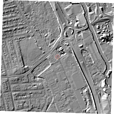 Shaded relief map of the ground around E62LP, computed from Environment Agency LiDAR. The ground here sits at about 3 m above sea level and falls 7 m across the surrounding 800 m. Surface water reaching this point runs off ground lying to the north-north-east, 2.6 m higher.