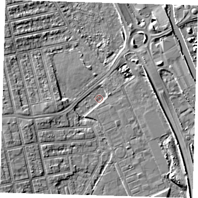 Shaded relief map of the ground around E62LR, computed from Environment Agency LiDAR. The ground here sits at about 2 m above sea level and falls 7 m across the surrounding 800 m. Surface water reaching this point runs off ground lying to the west-south-west, 4.7 m higher.