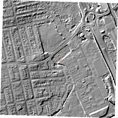 Shaded relief map of the ground around E62LS, computed from Environment Agency LiDAR. The ground here sits at about 2 m above sea level and falls 6 m across the surrounding 800 m. Surface water reaching this point runs off ground lying to the west, 4.7 m higher.