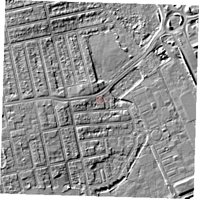 Shaded relief map of the ground around E62LT, computed from Environment Agency LiDAR. The ground here sits at about 4 m above sea level and falls 6 m across the surrounding 800 m. Surface water reaching this point runs off ground lying to the west, 2.7 m higher.