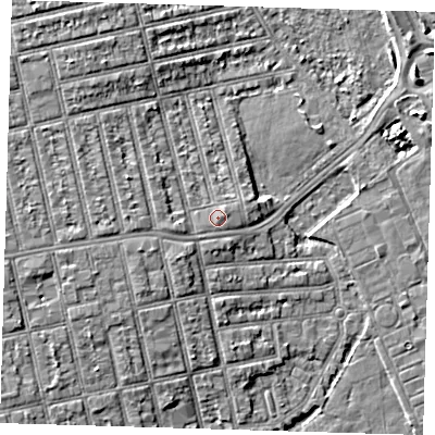 Shaded relief map of the ground around E62LW, computed from Environment Agency LiDAR. The ground here sits at about 5 m above sea level and falls 6 m across the surrounding 800 m. Surface water reaching this point runs off ground lying to the west, 1.5 m higher.
