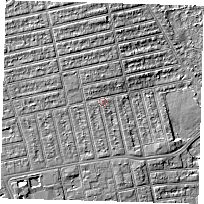 Shaded relief map of the ground around E62NE, computed from Environment Agency LiDAR. The ground here sits at about 6 m above sea level and falls 6 m across the surrounding 800 m. Surface water reaching this point runs off ground lying to the west-north-west, 1.9 m higher.