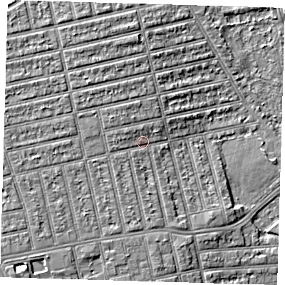 Shaded relief map of the ground around E62NF, computed from Environment Agency LiDAR. The ground here sits at about 5 m above sea level and falls 6 m across the surrounding 800 m. Surface water reaching this point runs off ground lying to the west-north-west, 2.2 m higher.