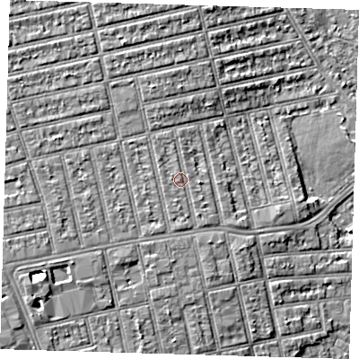 Shaded relief map of the ground around E62NH, computed from Environment Agency LiDAR. The ground here sits at about 6 m above sea level and falls 6 m across the surrounding 800 m. Surface water reaching this point runs off ground lying to the south, 0.7 m higher.