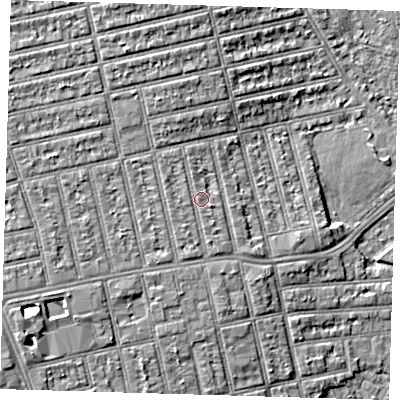 Shaded relief map of the ground around E62NJ, computed from Environment Agency LiDAR. The ground here sits at about 6 m above sea level and falls 6 m across the surrounding 800 m. Surface water reaching this point runs off ground lying to the south-south-west, 0.7 m higher.