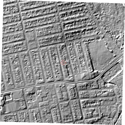 Shaded relief map of the ground around E62NN, computed from Environment Agency LiDAR. The ground here sits at about 5 m above sea level and falls 6 m across the surrounding 800 m. Surface water reaching this point runs off ground lying to the west-south-west, 1.3 m higher.
