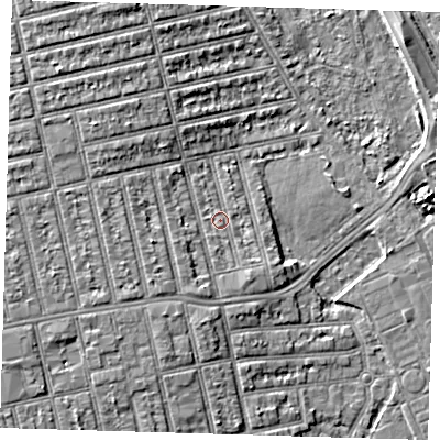 Shaded relief map of the ground around E62NS, computed from Environment Agency LiDAR. The ground here sits at about 4 m above sea level and falls 6 m across the surrounding 800 m. Surface water reaching this point runs off ground lying to the south-south-west, 2.2 m higher.