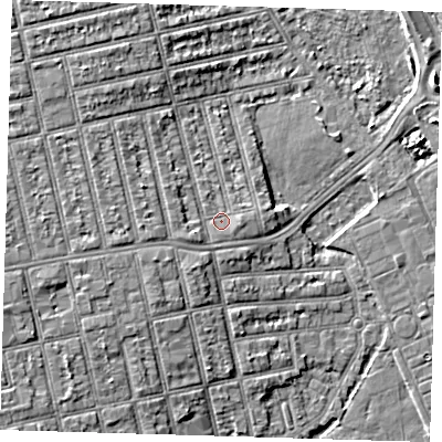 Shaded relief map of the ground around E62NU, computed from Environment Agency LiDAR. The ground here sits at about 4 m above sea level and falls 6 m across the surrounding 800 m. Surface water reaching this point runs off ground lying to the west-south-west, 1.6 m higher.