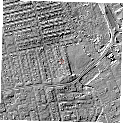 Shaded relief map of the ground around E62NX, computed from Environment Agency LiDAR. The ground here sits at about 4 m above sea level and falls 6 m across the surrounding 800 m. Surface water reaching this point runs off ground lying to the south, 1.9 m higher.