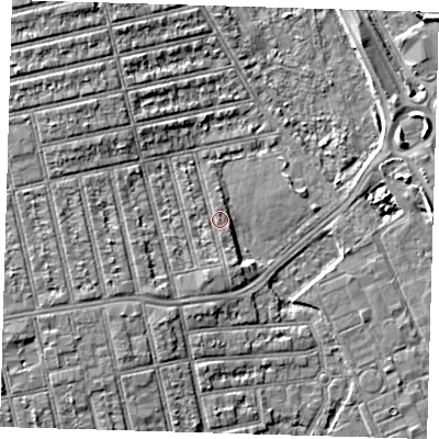 Shaded relief map of the ground around E62PA, computed from Environment Agency LiDAR. The ground here sits at about 4 m above sea level and falls 6 m across the surrounding 800 m. Surface water reaching this point runs off ground lying to the south-south-west, 1.7 m higher.