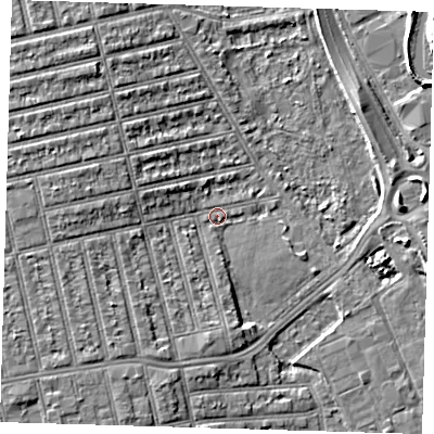 Shaded relief map of the ground around E62PB, computed from Environment Agency LiDAR. The ground here sits at about 2 m above sea level and falls 6 m across the surrounding 800 m. Surface water reaching this point runs off ground lying to the west, 5.5 m higher.
