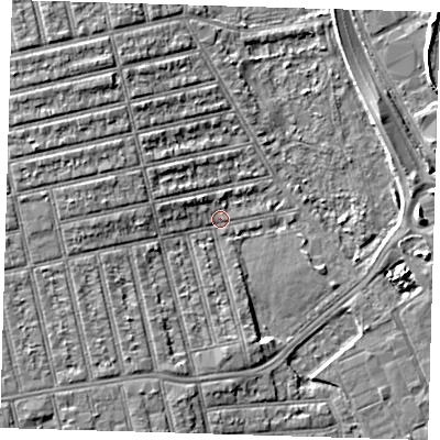 Shaded relief map of the ground around E62PD, computed from Environment Agency LiDAR. The ground here sits at about 2 m above sea level and falls 6 m across the surrounding 800 m. Surface water reaching this point runs off ground lying to the west, 5.5 m higher.