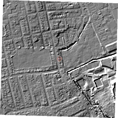 Shaded relief map of the ground around E62PN, computed from Environment Agency LiDAR. The ground here sits at about 3 m above sea level and falls 15 m across the surrounding 800 m. Surface water reaching this point runs off ground lying to the north-west, 4.0 m higher.