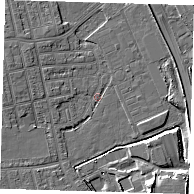 Shaded relief map of the ground around E62PP, computed from Environment Agency LiDAR. The ground here sits at about 2 m above sea level and falls 15 m across the surrounding 800 m. Surface water reaching this point runs off ground lying to the south-south-east, 15.2 m higher.
