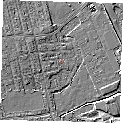 Shaded relief map of the ground around E62PS, computed from Environment Agency LiDAR. The ground here sits at about 3 m above sea level and falls 12 m across the surrounding 800 m. Surface water reaching this point runs off ground lying to the west-north-west, 2.5 m higher.