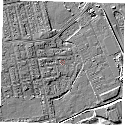 Shaded relief map of the ground around E62PT, computed from Environment Agency LiDAR. The ground here sits at about 2 m above sea level and falls 7 m across the surrounding 800 m. Surface water reaching this point runs off ground lying to the west, 2.5 m higher.