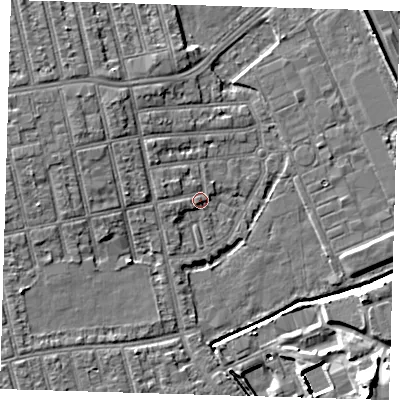 Shaded relief map of the ground around E62PU, computed from Environment Agency LiDAR. The ground here sits at about 3 m above sea level and falls 15 m across the surrounding 800 m. Surface water reaching this point runs off ground lying to the west-north-west, 1.7 m higher.