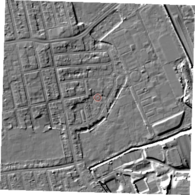 Shaded relief map of the ground around E62PW, computed from Environment Agency LiDAR. The ground here sits at about 2 m above sea level and falls 15 m across the surrounding 800 m. Surface water reaching this point runs off ground lying to the west, 1.6 m higher.