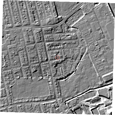 Shaded relief map of the ground around E62PX, computed from Environment Agency LiDAR. The ground here sits at about 3 m above sea level and falls 15 m across the surrounding 800 m. Surface water reaching this point runs off ground lying to the west-north-west, 1.5 m higher.