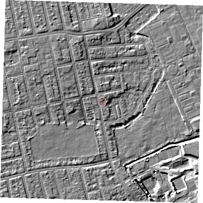 Shaded relief map of the ground around E62PY, computed from Environment Agency LiDAR. The ground here sits at about 4 m above sea level and falls 8 m across the surrounding 800 m. Surface water reaching this point runs off ground lying to the north-north-west, 1.8 m higher.