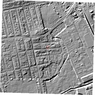 Shaded relief map of the ground around E62QA, computed from Environment Agency LiDAR. The ground here sits at about 3 m above sea level and falls 7 m across the surrounding 800 m. Surface water reaching this point runs off ground lying to the west, 3.4 m higher.