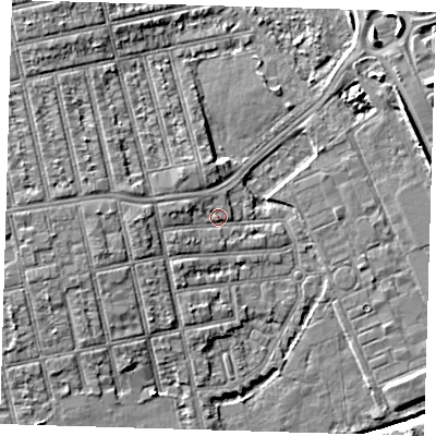 Shaded relief map of the ground around E62QB, computed from Environment Agency LiDAR. The ground here sits at about 3 m above sea level and falls 7 m across the surrounding 800 m. Surface water reaching this point runs off ground lying to the west, 2.7 m higher.