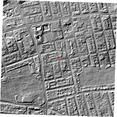 Shaded relief map of the ground around E62RA, computed from Environment Agency LiDAR. The ground here sits at about 6 m above sea level and falls 7 m across the surrounding 800 m. Surface water reaching this point runs off ground lying to the west-south-west, 1.1 m higher.