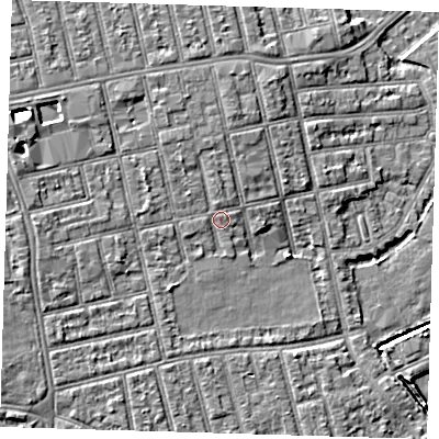Shaded relief map of the ground around E62RB, computed from Environment Agency LiDAR. The ground here sits at about 5 m above sea level and falls 7 m across the surrounding 800 m. Surface water reaching this point runs off ground lying to the north-west, 1.8 m higher.