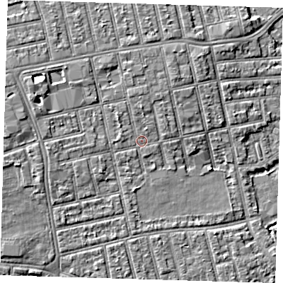 Shaded relief map of the ground around E62RD, computed from Environment Agency LiDAR. The ground here sits at about 5 m above sea level and falls 7 m across the surrounding 800 m. Surface water reaching this point runs off ground lying to the west-north-west, 2.7 m higher.