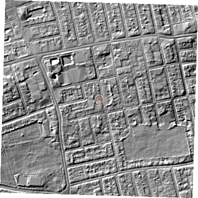 Shaded relief map of the ground around E62RG, computed from Environment Agency LiDAR. The ground here sits at about 5 m above sea level and falls 7 m across the surrounding 800 m. Surface water reaching this point runs off ground lying to the north-west, 2.7 m higher.