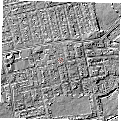 Shaded relief map of the ground around E62RJ, computed from Environment Agency LiDAR. The ground here sits at about 6 m above sea level and falls 7 m across the surrounding 800 m. Surface water reaching this point runs off ground lying to the north-west, 0.6 m higher.