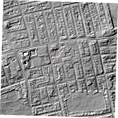 Shaded relief map of the ground around E62RL, computed from Environment Agency LiDAR. The ground here sits at about 6 m above sea level and falls 7 m across the surrounding 800 m. Surface water reaching this point runs off ground lying to the north-north-west, 1.6 m higher.