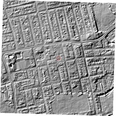 Shaded relief map of the ground around E62RN, computed from Environment Agency LiDAR. The ground here sits at about 6 m above sea level and falls 7 m across the surrounding 800 m. Surface water reaching this point runs off ground lying to the north-west, 0.6 m higher.