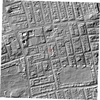 Shaded relief map of the ground around E62RQ, computed from Environment Agency LiDAR. The ground here sits at about 5 m above sea level and falls 6 m across the surrounding 800 m. Surface water reaching this point runs off ground lying to the west-north-west, 2.7 m higher.