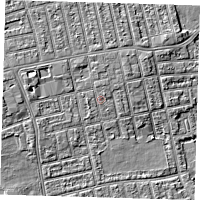Shaded relief map of the ground around E62RU, computed from Environment Agency LiDAR. The ground here sits at about 5 m above sea level and falls 7 m across the surrounding 800 m. Surface water reaching this point runs off ground lying to the north-north-west, 1.6 m higher.