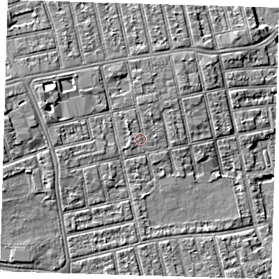 Shaded relief map of the ground around E62RX, computed from Environment Agency LiDAR. The ground here sits at about 5 m above sea level and falls 7 m across the surrounding 800 m. Surface water reaching this point runs off ground lying to the north-north-west, 1.6 m higher.