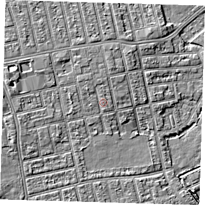 Shaded relief map of the ground around E62RY, computed from Environment Agency LiDAR. The ground here sits at about 5 m above sea level and falls 7 m across the surrounding 800 m. Surface water reaching this point runs off ground lying to the north-north-west, 1.5 m higher.