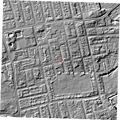 Shaded relief map of the ground around E62RZ, computed from Environment Agency LiDAR. The ground here sits at about 5 m above sea level and falls 7 m across the surrounding 800 m. Surface water reaching this point runs off ground lying to the north-west, 1.8 m higher.