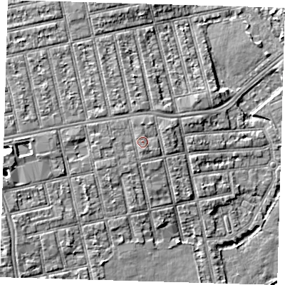 Shaded relief map of the ground around E62SE, computed from Environment Agency LiDAR. The ground here sits at about 6 m above sea level and falls 7 m across the surrounding 800 m. Surface water reaching this point runs off ground lying to the south, 0.5 m higher.