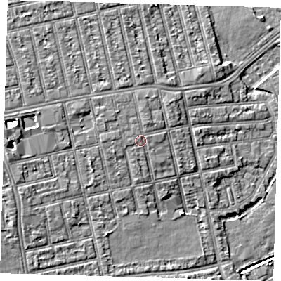 Shaded relief map of the ground around E62SF, computed from Environment Agency LiDAR. The ground here sits at about 6 m above sea level and falls 7 m across the surrounding 800 m. Surface water reaching this point runs off ground lying to the north-north-east, 0.6 m higher.