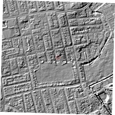 Shaded relief map of the ground around E62SG, computed from Environment Agency LiDAR. The ground here sits at about 4 m above sea level and falls 8 m across the surrounding 800 m. Surface water reaching this point runs off ground lying to the north-west, 3.2 m higher.